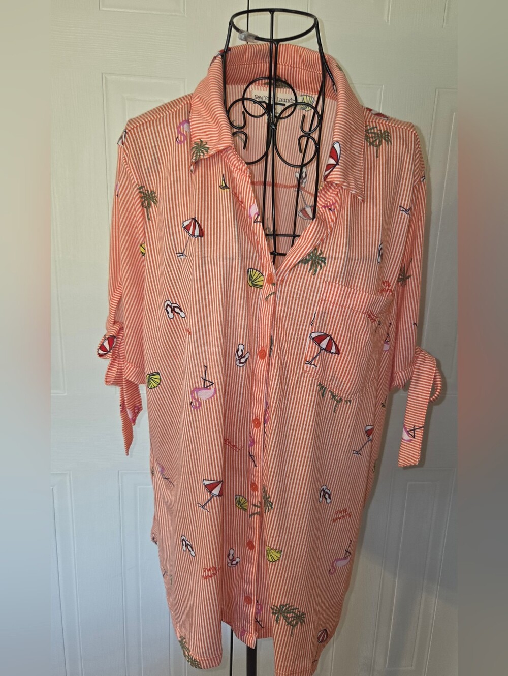 New York Laundry 1X Beach Print Button Front Shirt Coastal Flamingo Tropical